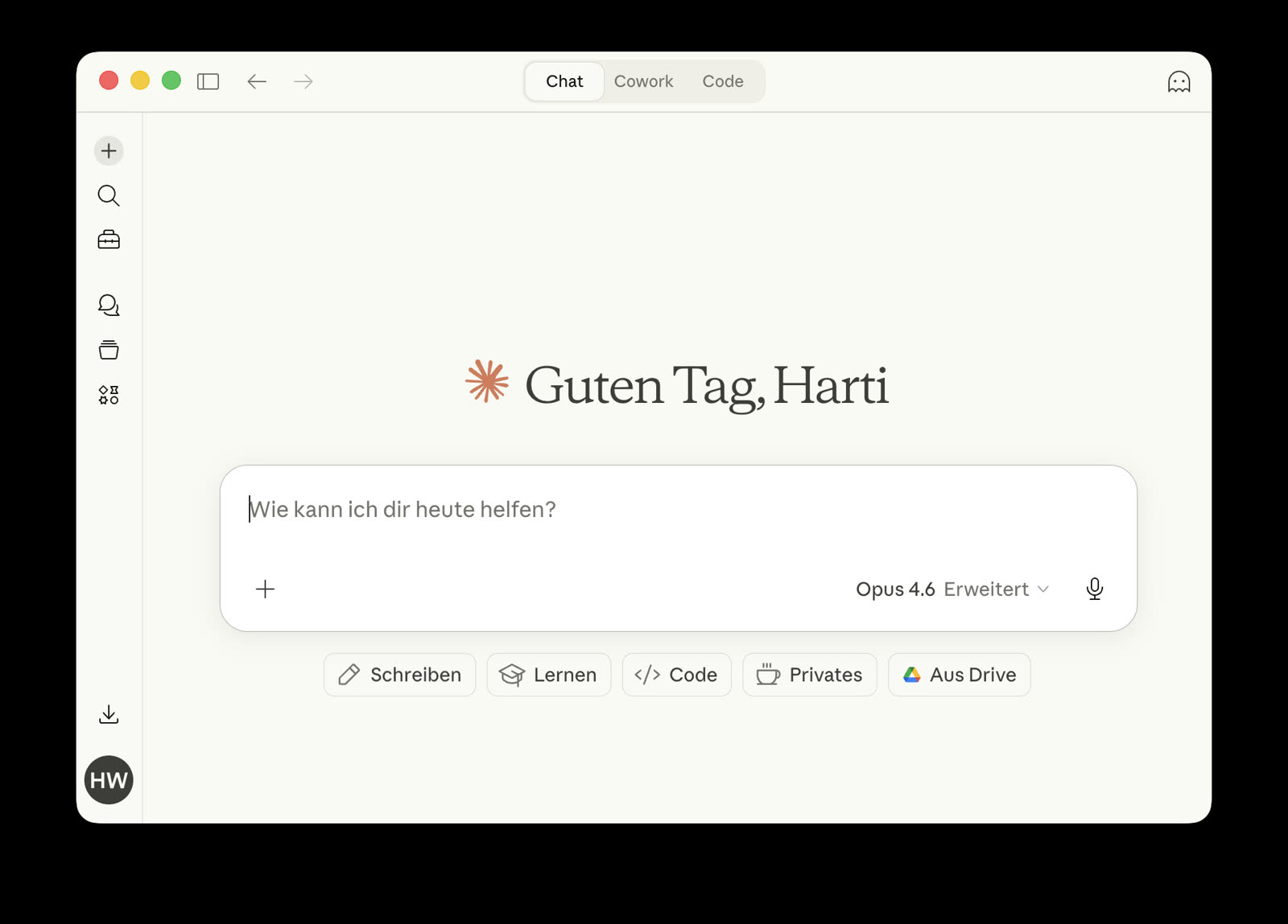 Claude Desktop App mit den drei Tabs Chat, Cowork und Code