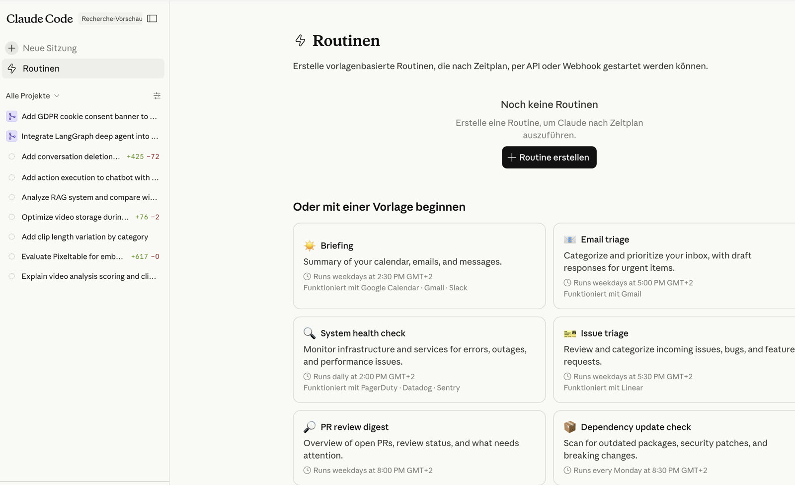 Claude Code Routinen mit acht Vorlagen für Briefing, Email triage, System health check, Issue triage, PR review digest, Dependency update check, Release notes drafter und Flaky test tracker