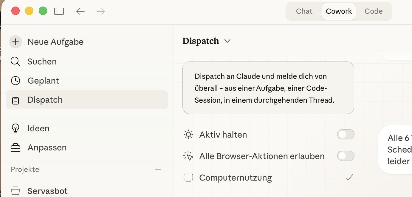 Dispatch-Ansicht in Cowork mit Optionen für Aktiv halten, Browser-Aktionen und Computernutzung