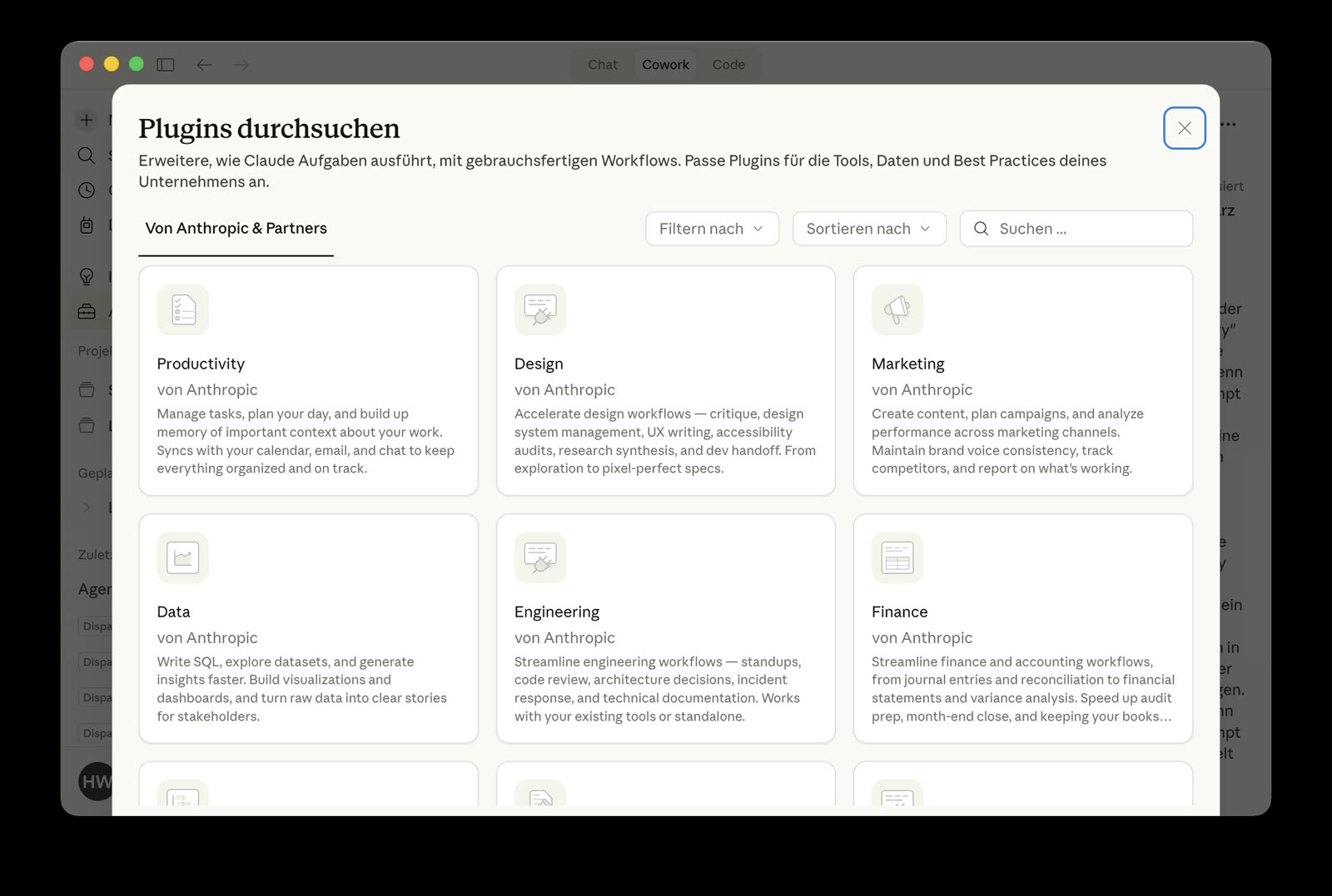 Plugins durchsuchen in Cowork: Productivity, Design, Marketing, Data, Engineering, Finance