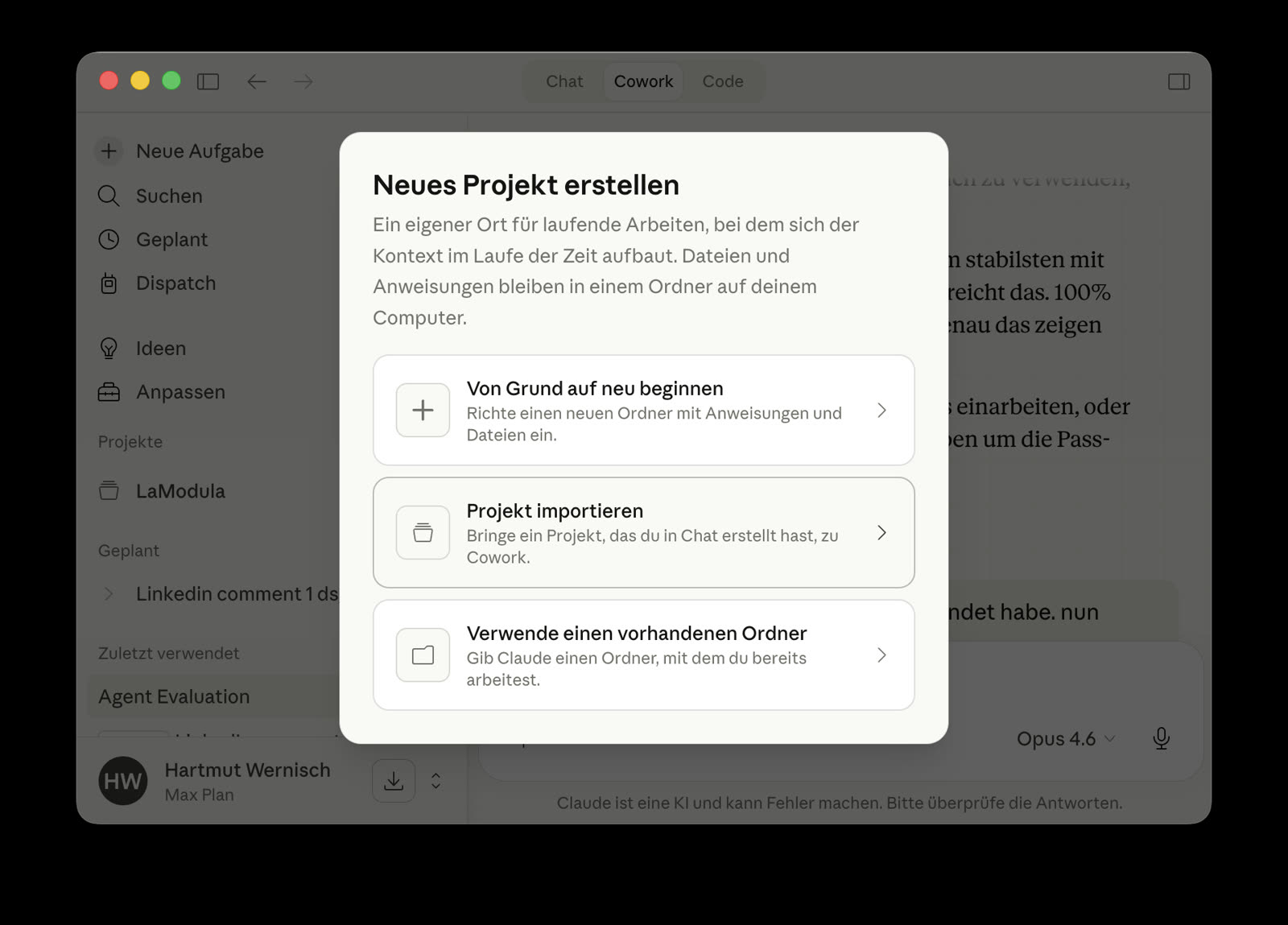 Neues Cowork Projekt erstellen mit drei Optionen