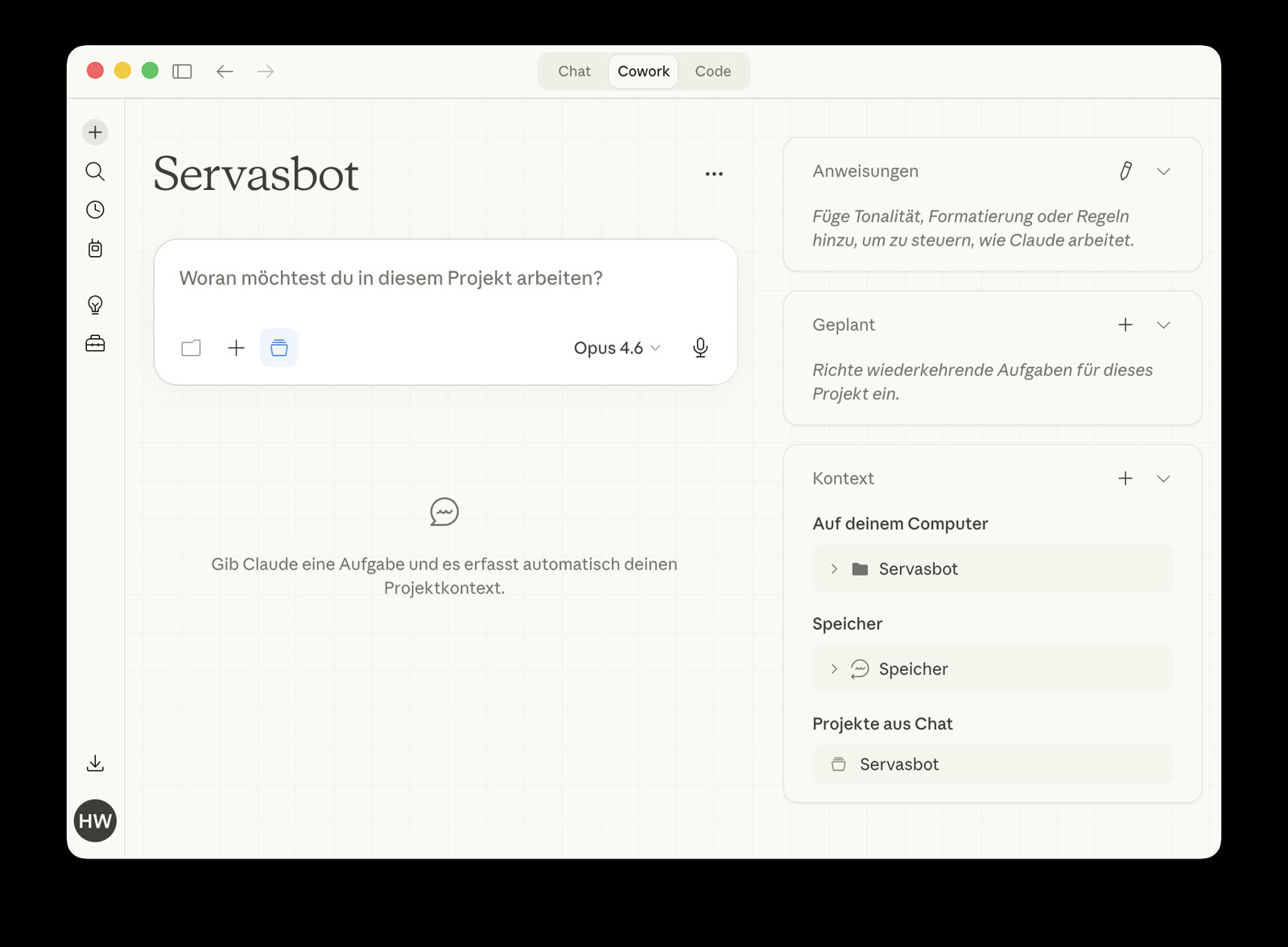 Cowork Project Seitenleiste mit Anweisungen, Geplant, Kontext und Speicher