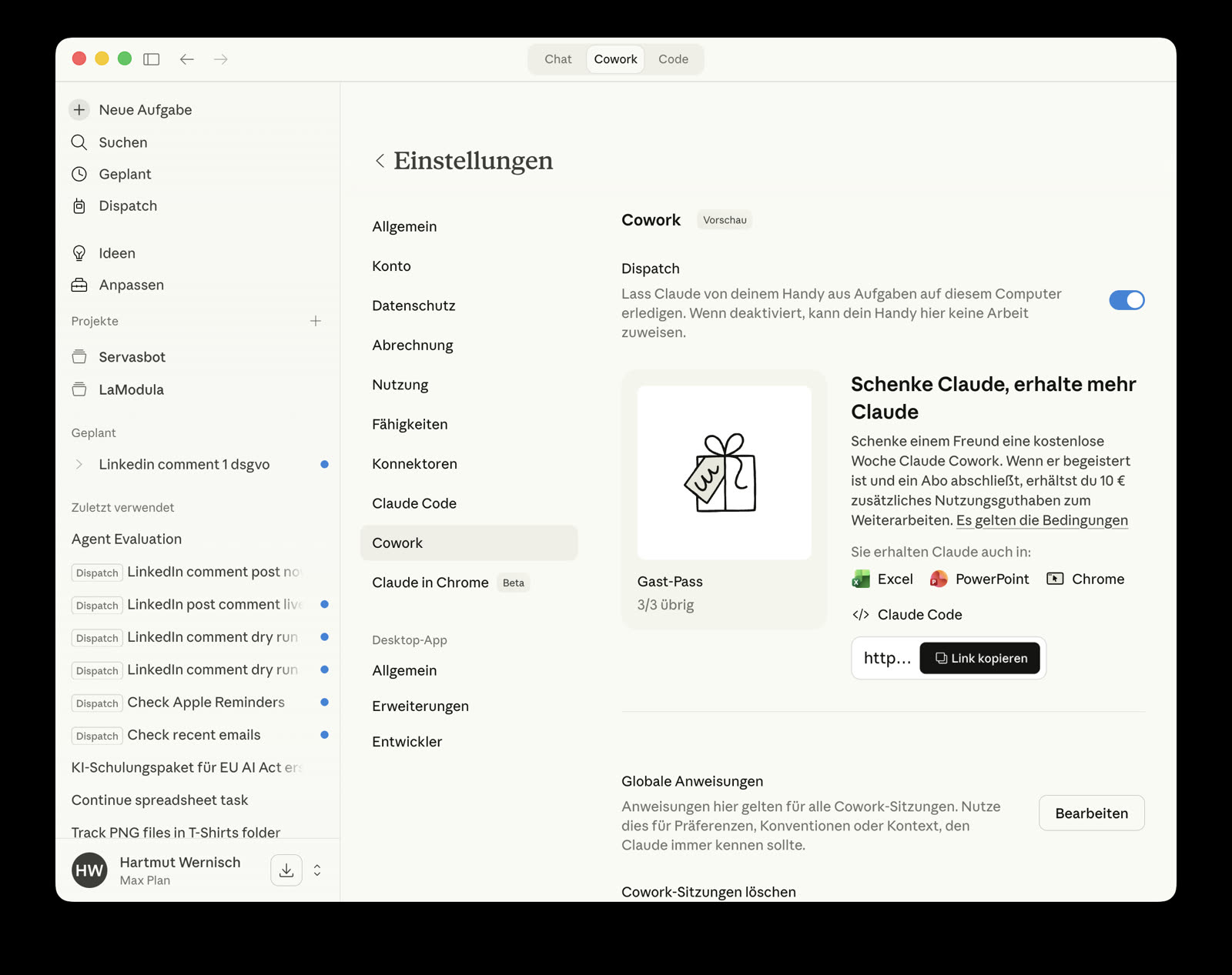 Cowork Einstellungen mit Globalen Anweisungen