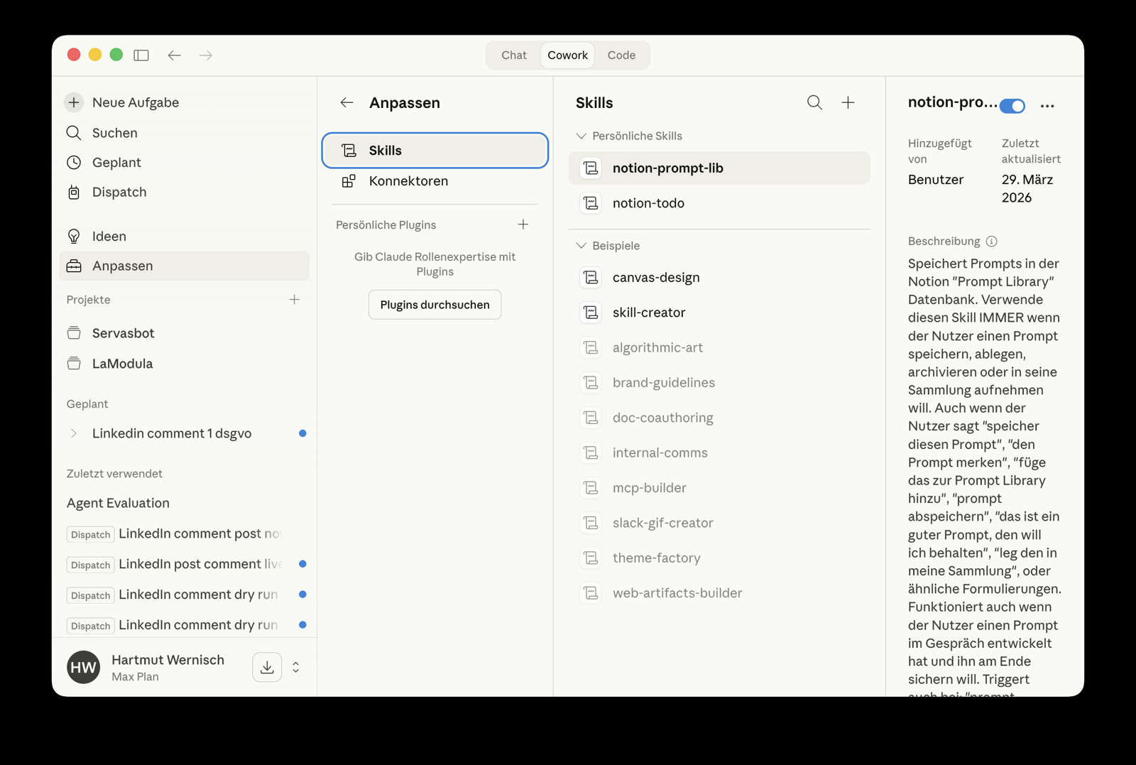 Anpassen-Bereich mit Skills und Konnektoren