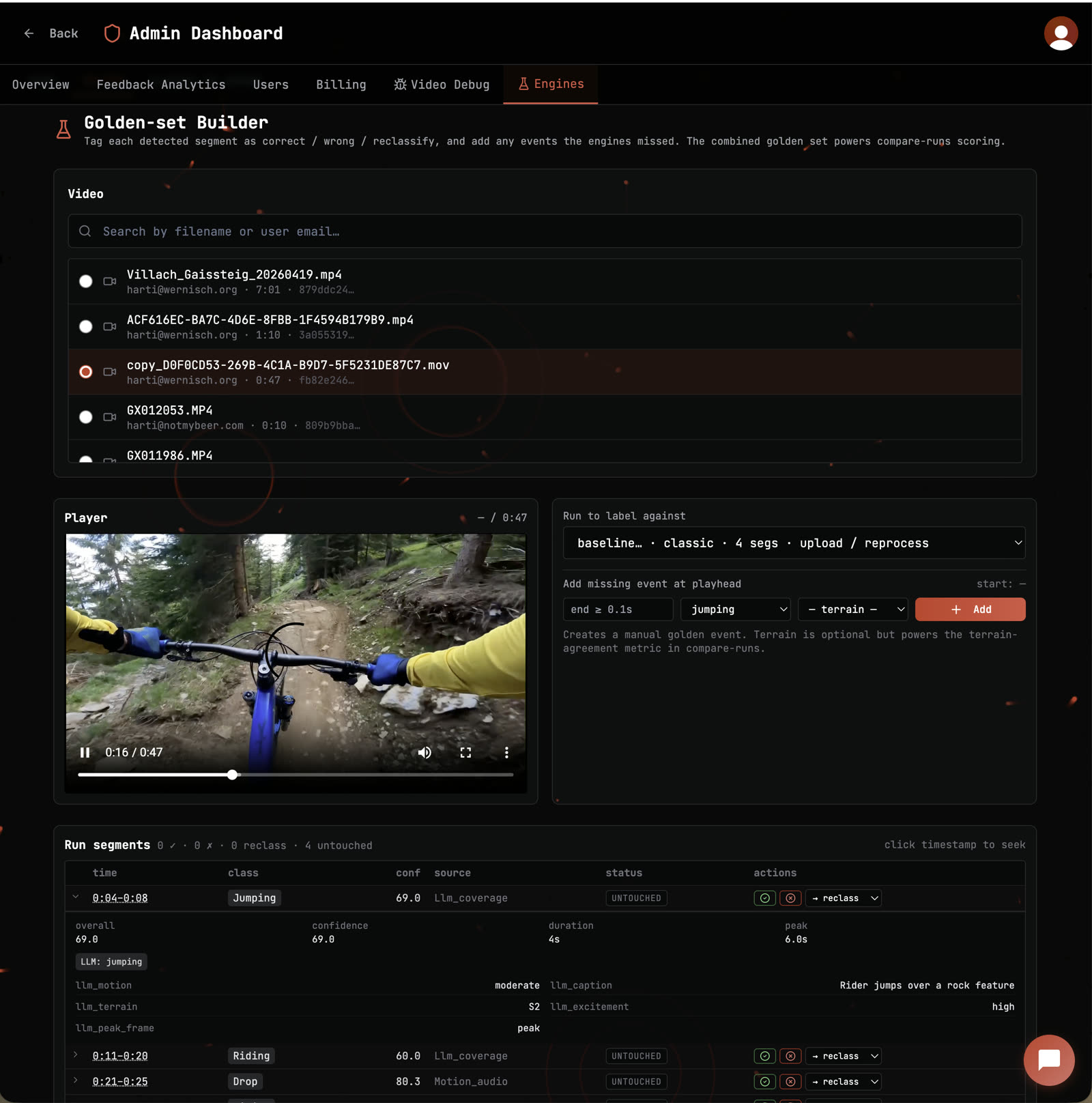 DropCut Golden-set Builder: Video-Auswahl, Player und Run-Segmente mit Confidence, Terrain und Caption