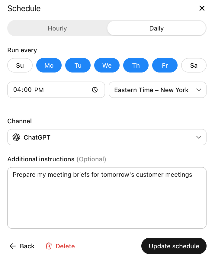 Scheduling-Dialog für einen ChatGPT Workspace Agent mit Auswahl der Wochentage und Uhrzeit, Channel ChatGPT, Feld für zusätzliche Anweisungen