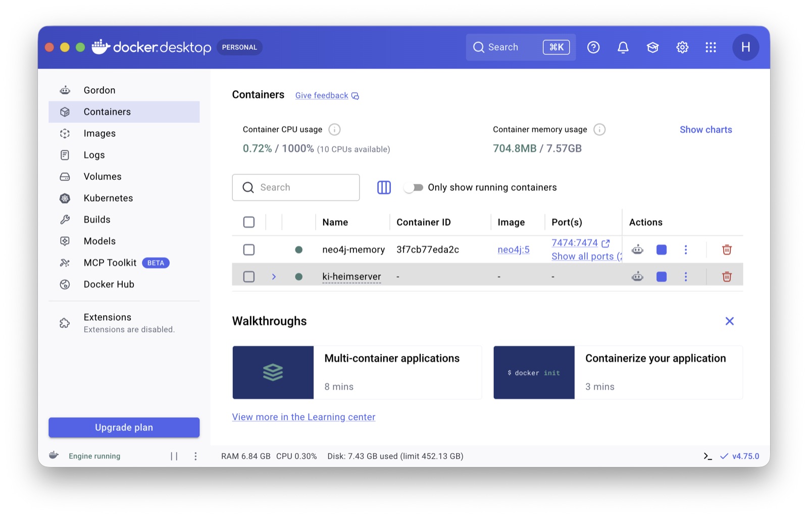Docker Desktop, Containers-Ansicht mit dem laufenden Stack "ki-heimserver". Andere Container wie neo4j stammen aus anderen Projekten und sind hier nicht relevant.