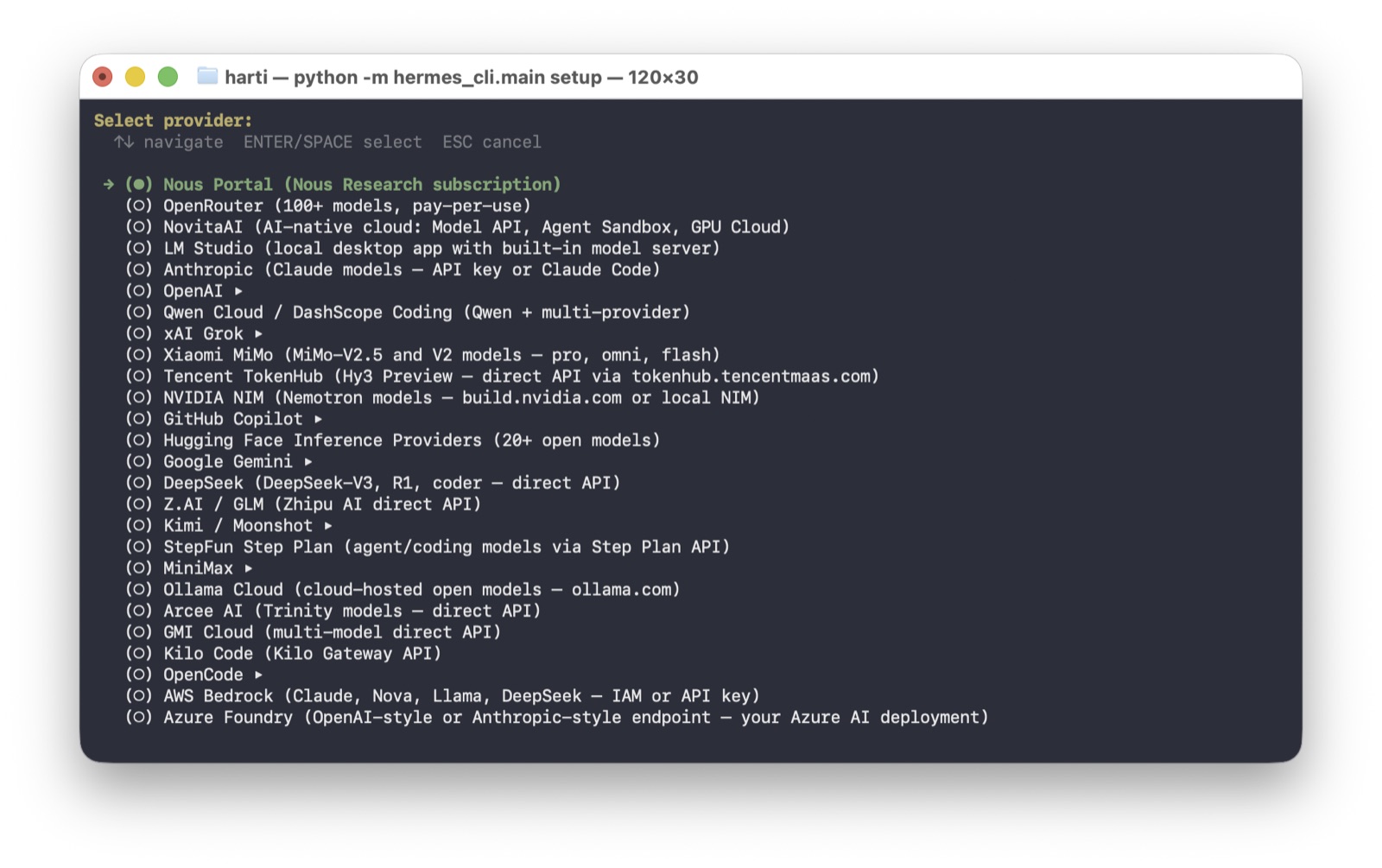 Hermes-Setup, Auswahl des Providers mit OpenRouter in der Liste.