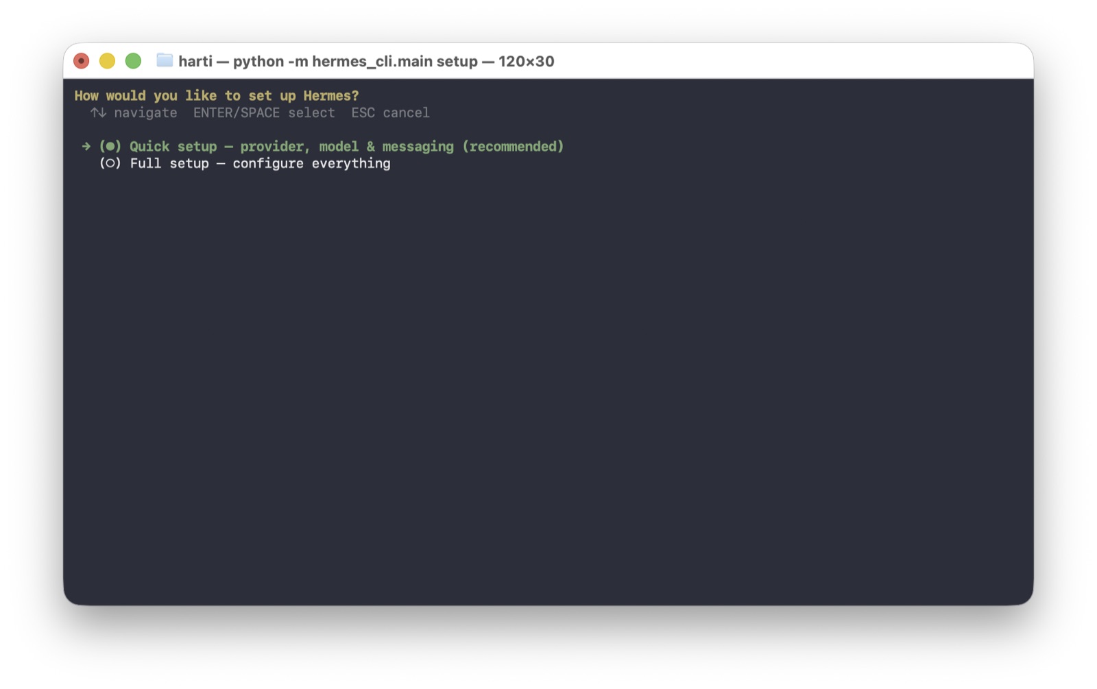 Hermes-Setup-Assistent mit der Auswahl zwischen "Quick setup" und "Full setup".