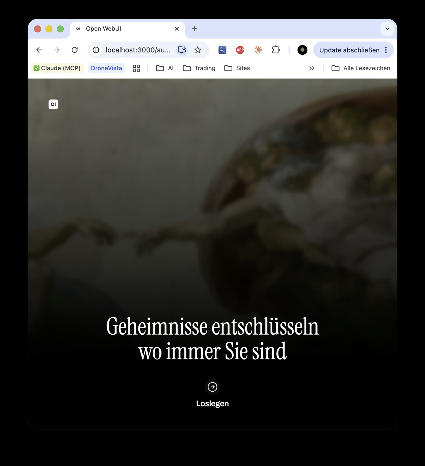 Open-WebUI-Willkommensbildschirm mit dem Button Loslegen