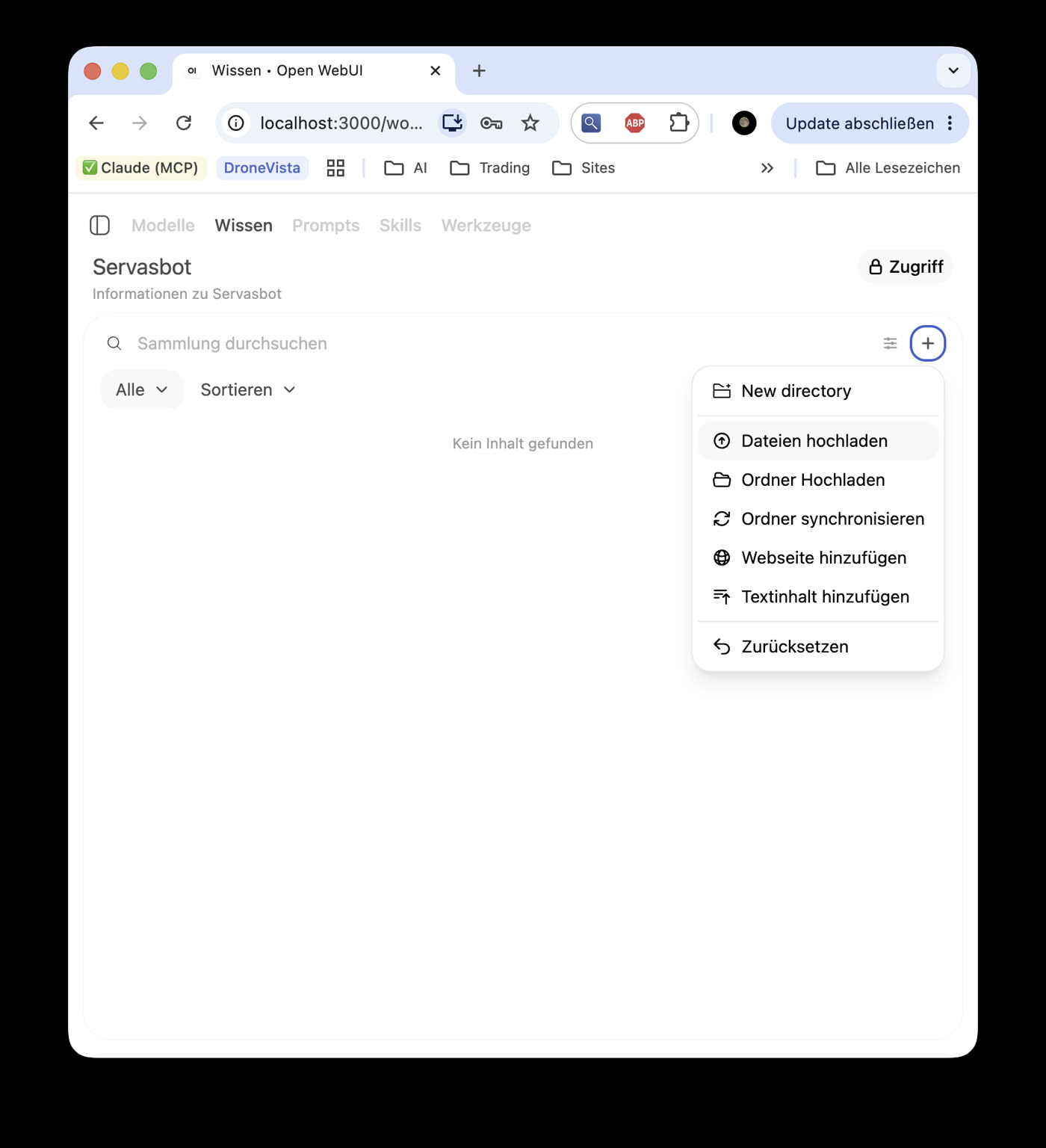 Das Plus-Menü im Wissensspeicher mit den Optionen Dateien hochladen, Ordner hochladen, Ordner synchronisieren, Webseite hinzufügen und Textinhalt hinzufügen