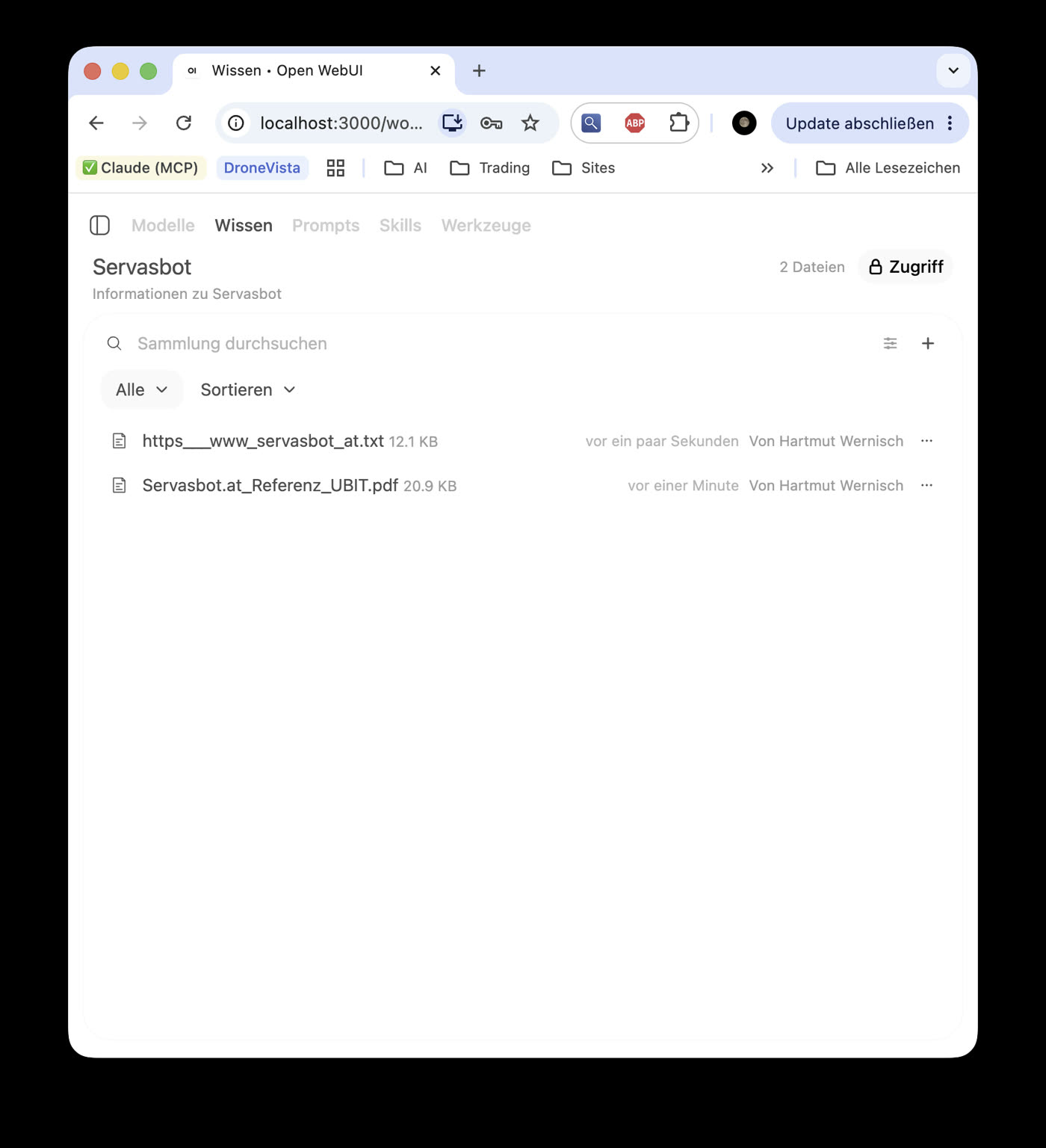 Der Wissensspeicher Servasbot mit zwei Dokumenten, der PDF-Referenz und der als Text abgelegten Webseite servasbot.at