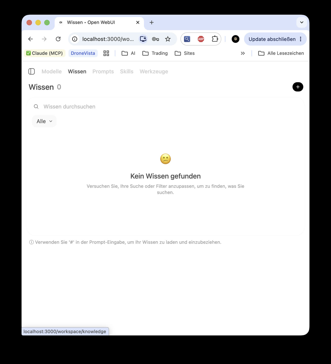 Reiter Wissen, noch leer, mit dem Plus-Button zum Anlegen eines Wissensspeichers