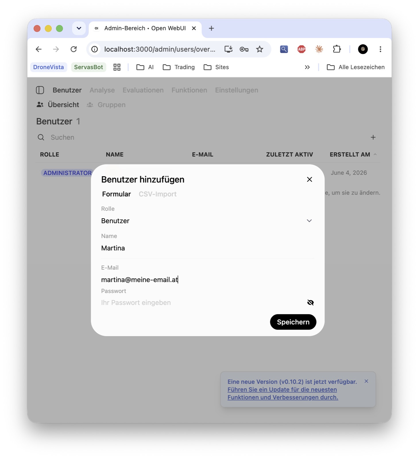 Open WebUI, Dialog „Benutzer hinzufügen": Rolle Benutzer, Name Martina, dazu ihre E-Mail-Adresse und ein Passwortfeld.