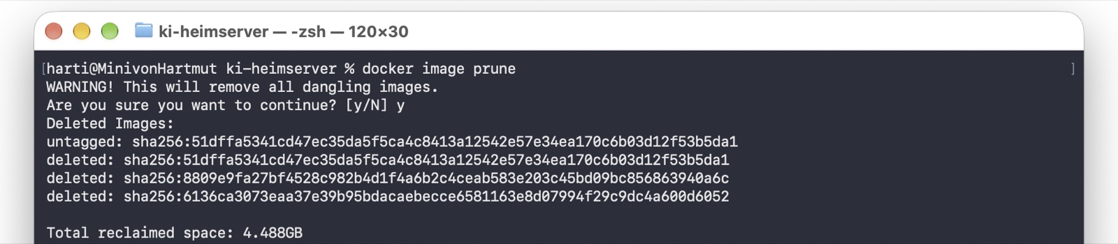 Terminal: löscht die verwaisten Images und meldet „Total reclaimed space: 4.488GB".